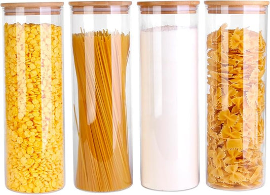 Glass Food Jars with Lids,77oz Glass Storage Containers with Airtight Bamboo Lids,Round Glass Canister Set of 4, Pantry Organizers and Storage for Cookie Flour Oat Pasta Tea Coffee Bean