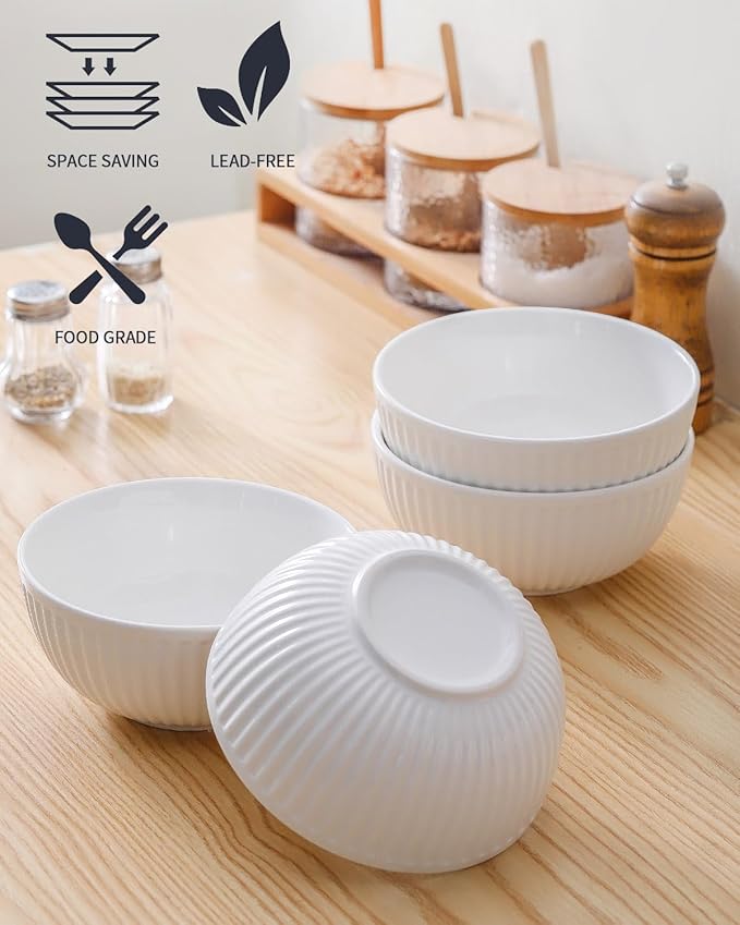 Hasense Ceramic Soup Bowls, 20 Ounces Cereal Bowls for Kitchen, 5.7 Inch White Serving Bowls Set for Salad Pasta Fruit Oatmeal, Rice Bowls with Striped, Microwave and Dishwasher Safe