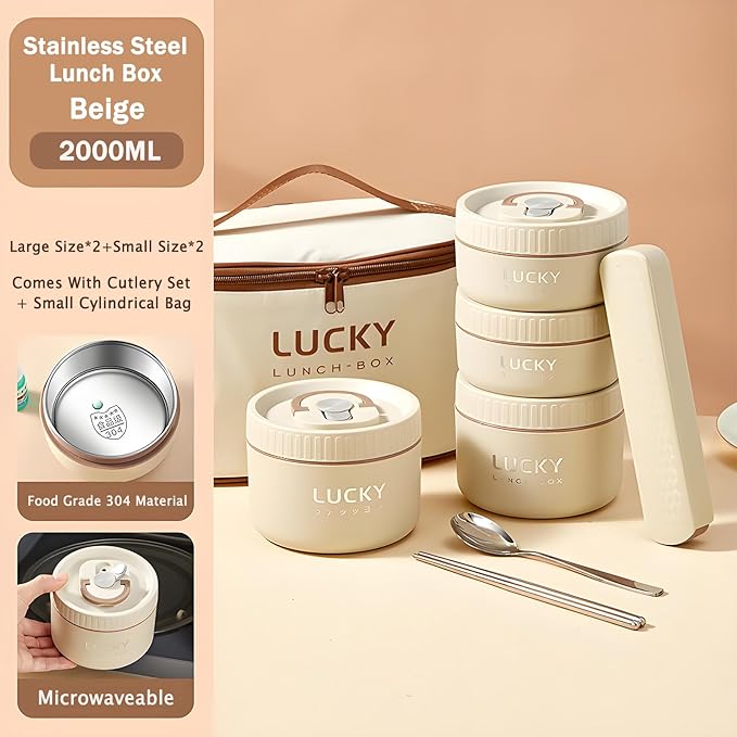 Stainless Steel Lunch Box, 3-Tier Insulated Bento Box Microwave Safe Soup Bowl for Adults, Thermal Food Container for Office Workers (Beige, 4pcs + Tableware + Insulated Bag)
