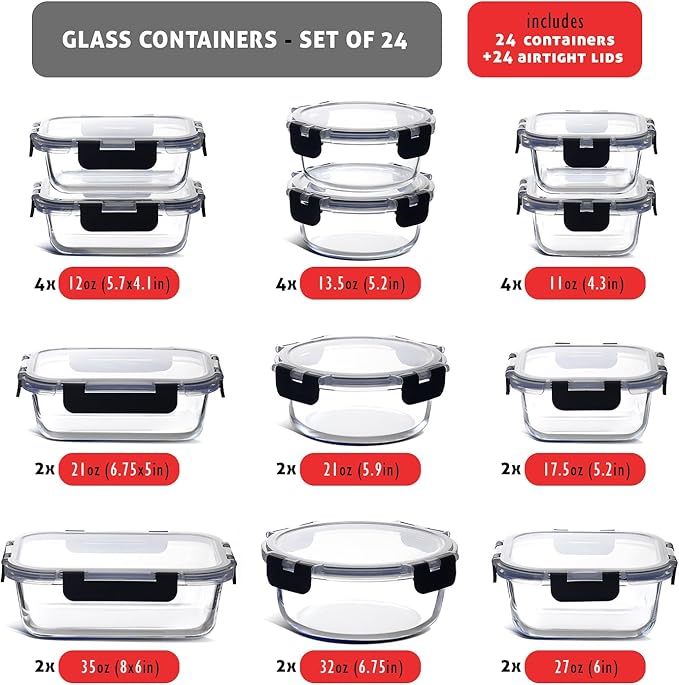 EATEX 48pc Glass Storage Containers with Lids, 24 Set Glass Food Storage Containers with 24 Airtight Lids, Pantry Kitchen Meal Prep Containers for Lunch, Freezer Storage Containers, Dishwasher Safe