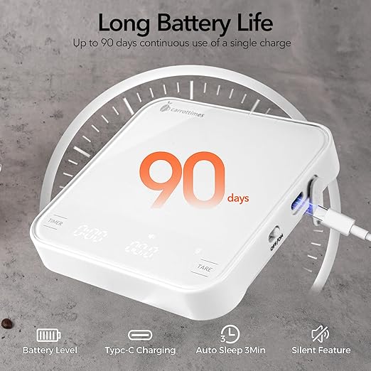 Rechargeable Mini Coffee Scale with Timer, 2kg/0.1g Precision Espresso Scale, Portable Coffee Weight Scale w/ 4 Modes for Espresso and Pour-Over Coffee (White)