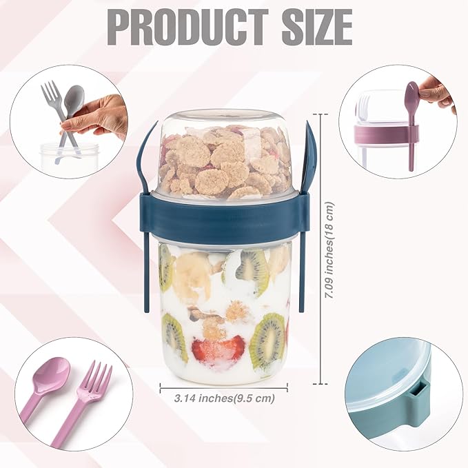4 Pack On The Go 22 oz Breakfast Cups with Lids and Spoon, Reusable Cereal Yogurt Cup with Topping Plastic Overnight Oats Container for Granola Oatmeal (37 oz - Navy Blue - 4 Pack)