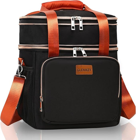 GLENKEY Expandable Insulated Lunch Box for Women Men, Double Deck Large Lunch Bag Tote Leakproof Lunch Cooler with Shoulder Strap for Adults Work Shift Outdoor Picnic Daytrip, (Black, 16L)