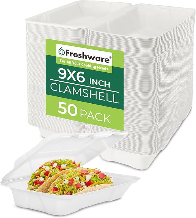 Freshware Compostable Clamshell Food Containers [9x6" 50-Pack] Disposable To Go Containers, Biodegradable Sugarcane To Go Boxes - Heavy Duty Paper Containers - Microwave & Freezer Safe, Stackable