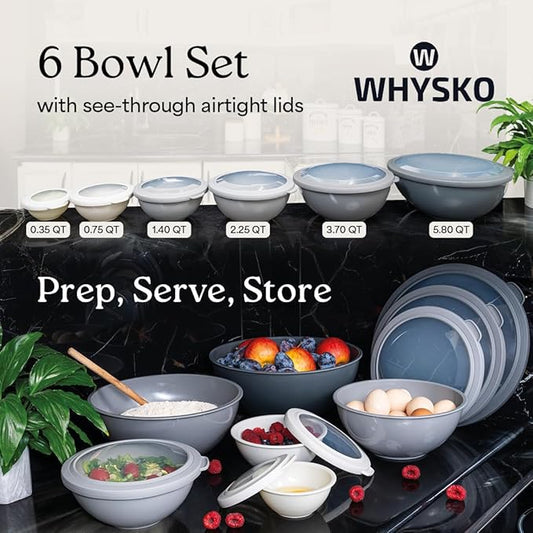WHYSKO Mixing Bowl Set, 12 Piece Colorful Plastic Mixing Bowls with Lids Set for Food Prep Storage and Serving, Dishwasher Safe Microwave Safe for Kitchen Baking Cooking