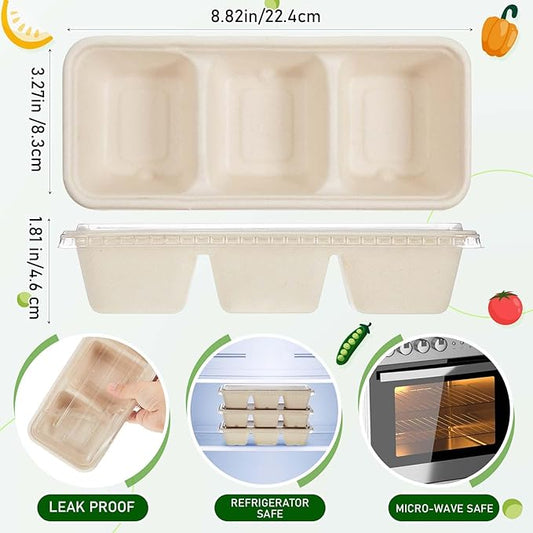 Hushee 100 Pack 17 oz Small Meal Prep Containers 3 Compartments with Lids, Disposable Plastic Bento Boxes Reusable Stackable Food Containers Travel Lunch Boxes for Office, Picnic (Natural)