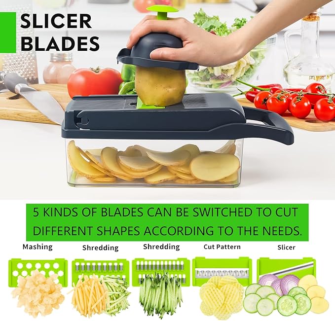 Vegetable Chopper, Pro Onion Chopper, 16-in-1 Multifunctional Food Chopper and Slicer, with 8 Adjustable blades for Cutting Different Sizes and Shapes, Carrot Chopper with Container-Kitchen Essentials