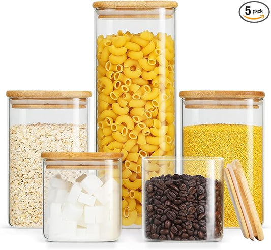 Glass Food Storage Jars with Bamboo Lids Square, Includes 1 Set of 74oz, 2 Set of 41oz & 27oz Storage Kitchen Canisters Pantry For Cookies Cereal Nuts Coffee Beans (Set of 5)
