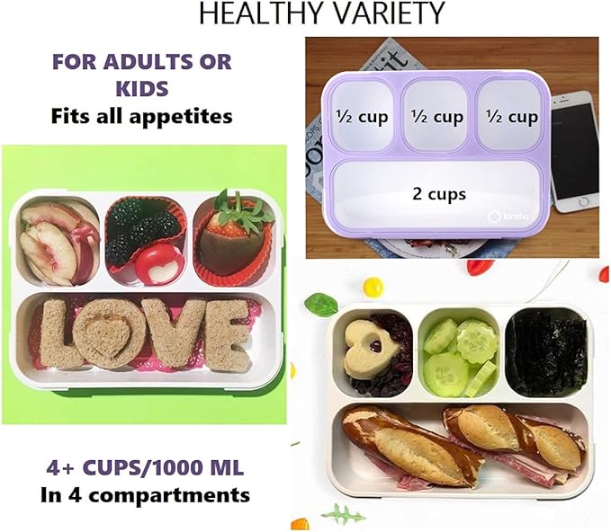 kinsho Bento-Box with Lunch Bag and Ice Pack Set. Containers for Kids Girls Adults Snacks and Lunches. 4 Compartments, Leakproof Portion Container Boxes Insulated Bags for School, Purple
