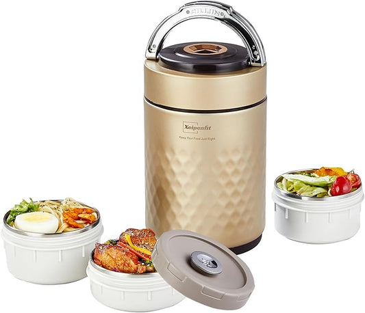 67 ozAdults Stainless Steel Vacuum Insulated Wide Mouth Soup Food Thermos Hot Food Jar with Keep Thermal Portable 3 Tier Stackable Bento Hot Food Containers Lunch Boxes (Gold)