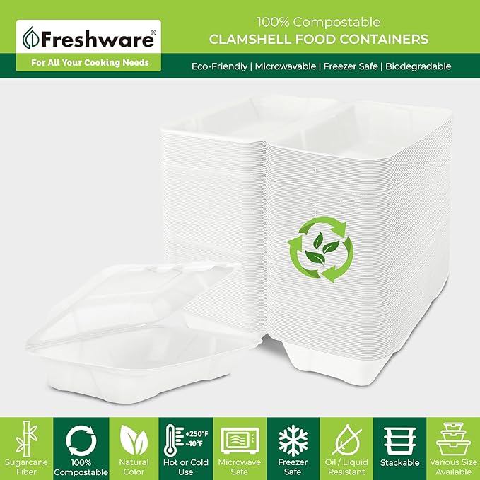 Freshware Clamshell Food Containers with Lids [9x6 50-Pack] Disposable To Go Containers, Biodegradable Sugarcane To Go Boxes - Paper Container - Microwave & Freezer Safe, Stackable