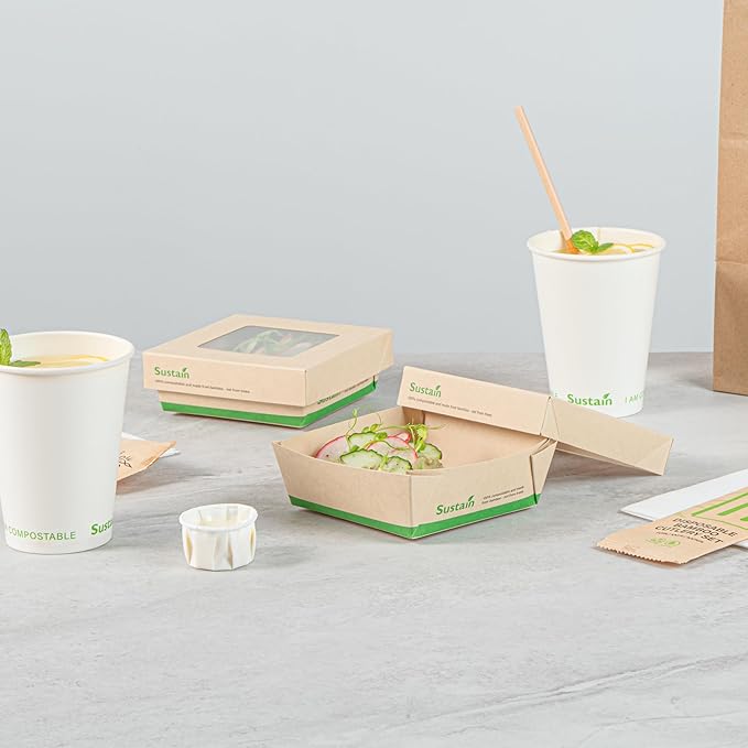 Restaurantware 13 Ounce Bamboo Paper Take Out Boxes, 50 Compostable Containers with Greaseproof Lining and Clear Window Lids
