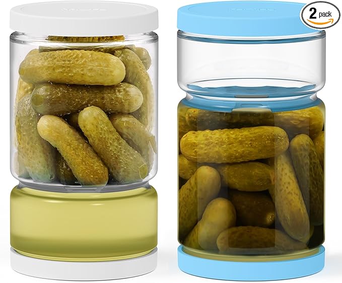 Glass Pickle Jar with Strainer for Pickle Lover - 45 Oz Leakproof and Airtight Juice Separator for Olive, Gherkin, Chilli, BPA Free, Dishwasher and Refrigerator Safe (White&Blue, 45oz*2pcs)