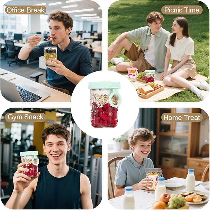 Overnight Oats Containers with Lids and Spoons - Glass Cups for Yogurt, Milk, Cereal, Pudding, Parfait, Oatmeal, Juice, Airtight Glass Canisters, 12 oz Mason Jars, Set of 6