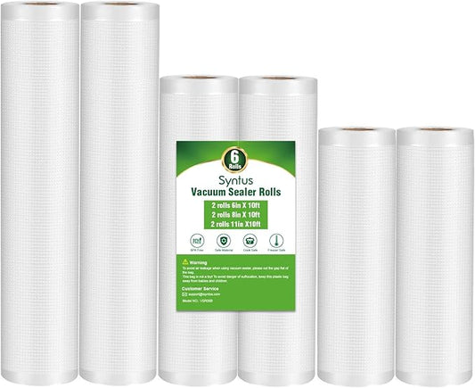 Syntus Vacuum Sealer Bags, 6 Pack 11" x 10' and 8" x 10' and 6" x 10' Commercial Grade BPA Free Bag Rolls, Food Vac Bags for Storage, Meal Prep or Sous Vide