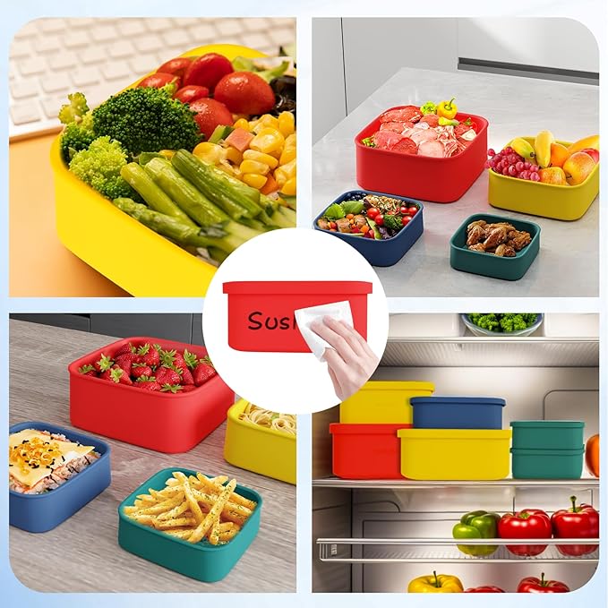 Silicone Food Storage Containers with Lids Set 4 Sizes and Silicone Containers,For Freezing, Bento Boxes, Snack Boxes,Freezer preservation Leak Proof