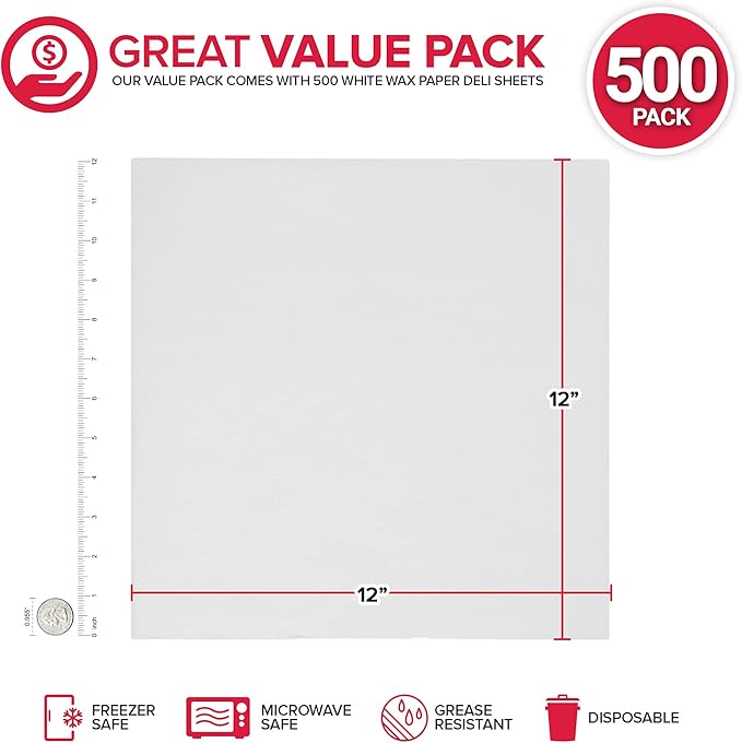 Stock Your Home 12 x 12 Grease Proof Deli Wrapper (500 Pack) - Pre Cut Natural Wax Paper Sheets - Recyclable Food Basket Liners - White Deli Papers For Sandwiches, Lining Wire Food Baskets, Food Trays