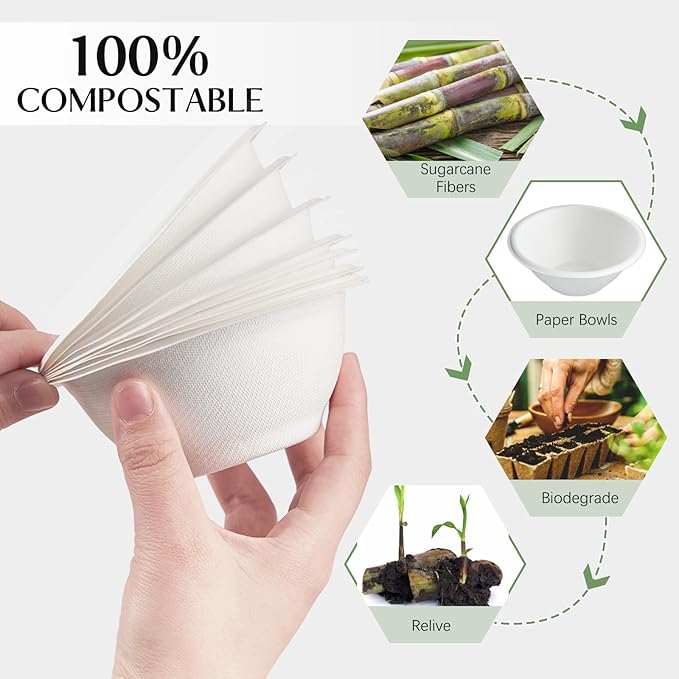 150 Pack 8 oz Paper Bowls Disposable White Small Compostable Soup Bowls Natural Bagasse Sugarcane Biodegradable Bowls for Cereals, Ice Cream, Desserts