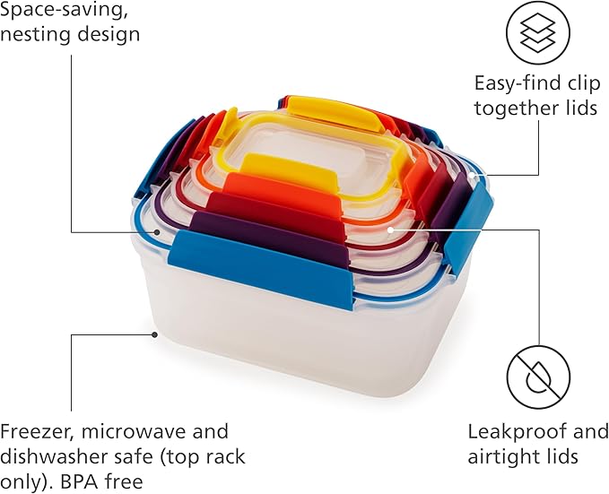 Joseph Joseph Nest Lock Plastic BPA Free Food Storage Container Set with Lockable Airtight Leakproof Lids, 10-Piece, Multi-Color (Pack of 4)