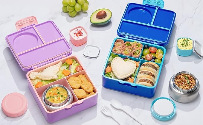 Fimibuke Bento Box for Kids with Thermos, 60OZ Bento Lunch Box Container with Leakproof 8OZ Insulated Food Jar, 3-4 Compartments, Sauce Jar, Utensils for Teens Toddler Adult, BPA-Free, Dishwasher Safe