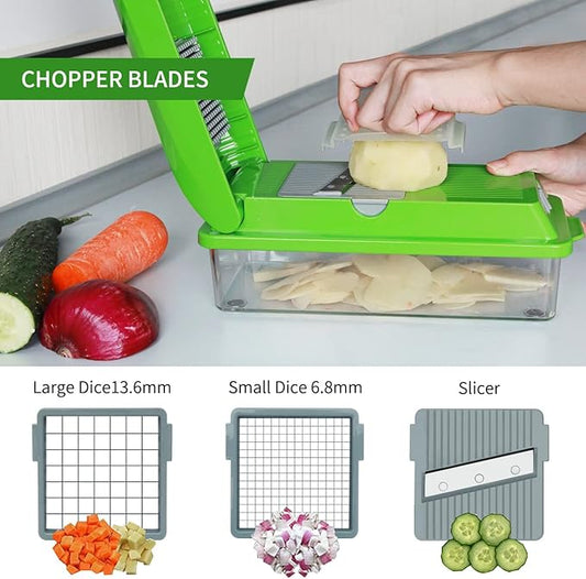 LHS Vegetable Chopper, Multifunctional Food Chopper, Pro Onion Chopper, Vegetable Slicer Dicer Cutter with 3 Blades, Veggie Chopper with Container(6-in-1,Green)