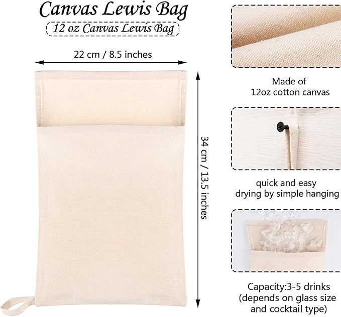 Boao 4 Pcs Canvas Lewis Ice Crusher Bag Reusable Crushed Ice Packs 13.5 x 8.5 inches Professional Bartender Kit for Home Party Bar Kitchen