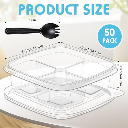 Dandat 50 Pcs Clear Plastic 4 Compartment Snack Containers Compartment Lunch Box with Lids Reusable Divided Snack Containers Clear Lunch Box with 50 Pcs Spork for School (Black)