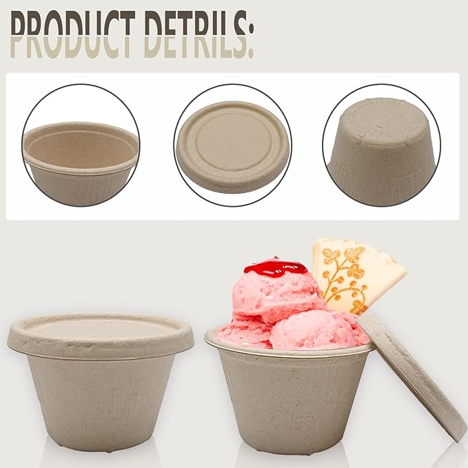 Goiio 50 Pcs 4 Oz Bagasse Fiber Condiment Cups with Lids, Compostable Portion Cups, Disposable Souffle, for Snack Dressing Food Storage