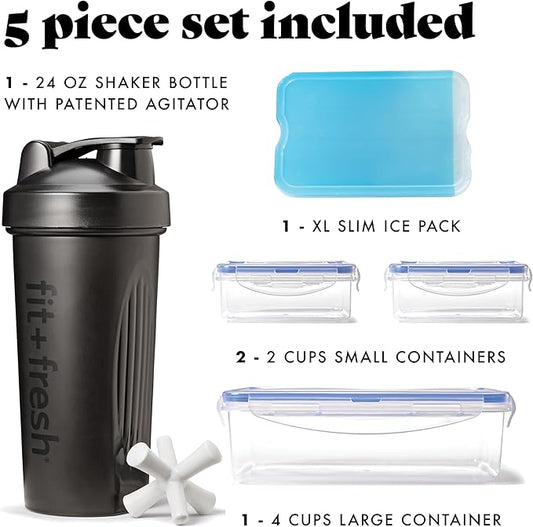 Fit & Fresh BREE Meal Prep Lunch Box With Containers, Ice Pack, and Shaker Bottle For Men and Women, 6pc. Meal Prep Kit Lunch Bag With Containers Included, Black