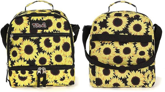 Tilami Lunch Bags Insulated Adjustable Strap Zipper, Two Compartments Cooler Bags, Bento Bags for Kids Toddlers, Sunflower