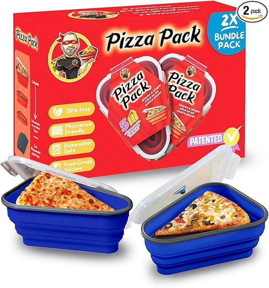 PIZZA PACK The Perfect Reusable Pizza Storage Container with 5 Microwavable Serving Trays - BPA-Free Adjustable Pizza Slice Container to Organize & Save Space, 2 Pack, Blue