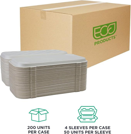 ECO PRODUCTS Compostable Vanguard 13"x7" Pizza Clamshell To Go Containers, Case of 200, Flatbread Take Out Food Box, White Renewable Molded Fiber, No-Added PFAS, ASTM Compliant, BPI-Certified