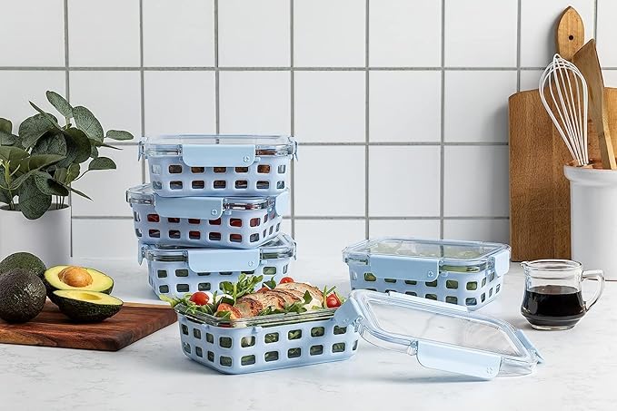 Ello Duraglass 3.4 Cup Meal Prep Sets 10Pc, 5 Pack Set- Glass Food Storage Container with Silicone Sleeve and Airtight BPA-Free Plastic Lids, Dishwasher, Microwave, and Freezer Safe, Halogen Blue