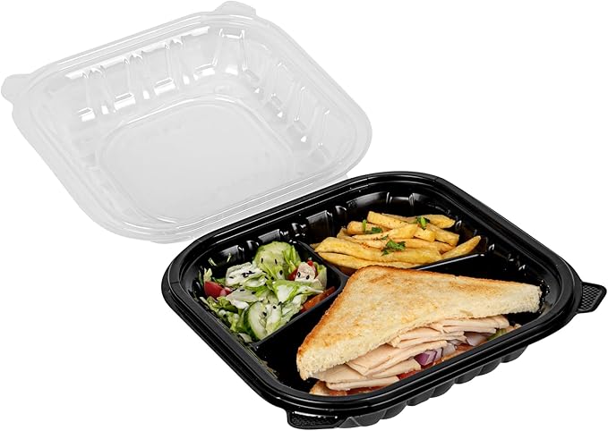 Restaurantware-Thermo Tek 34 Ounce Clamshell Containers, 50 Disposable Take Out Boxes - 3 Compartments, Ventilated Lids, Black Plastic Meal Prep Containers, Microwavable, For Pasta Or Salads