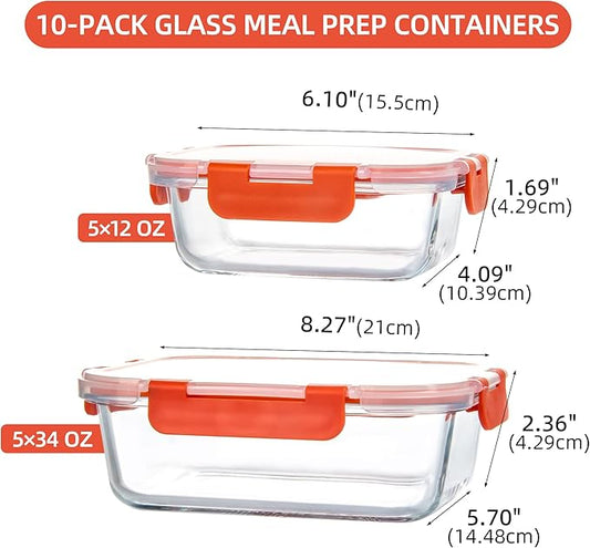10 Pack Glass Food Storage Containers with Airtight Lids, Ideal for Meal Prep, Lunches - Microwave and Dishwasher Safe, Orange