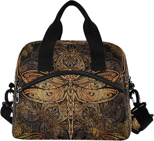 Dragonfly Mandala Insulated Lunch Bag Reusable Lunch Tote Bag Cooler Bag for Women Men Adult Lunch Box with Adjustable Shoulder Strap Leakproof Lunch Bag for Work School Picnic Camping