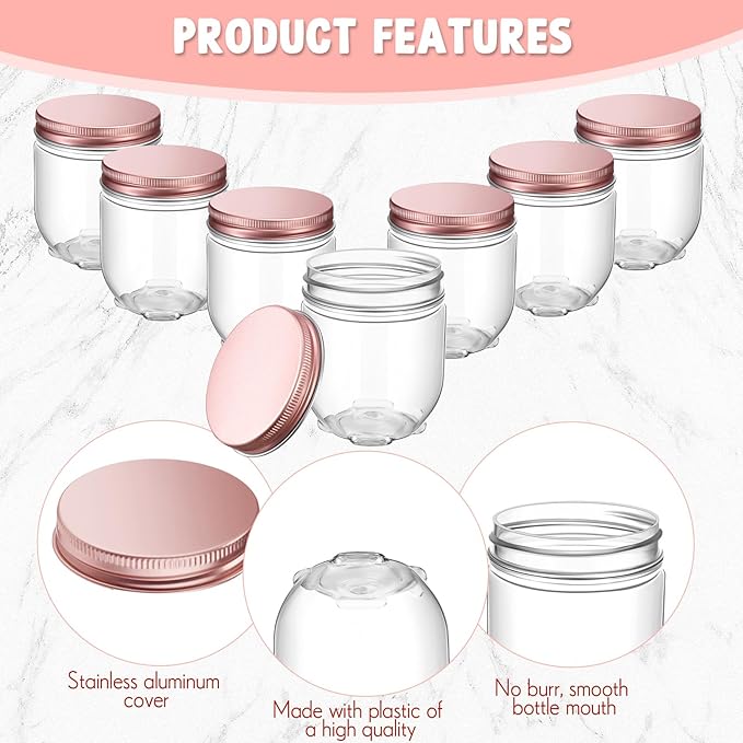 Tanlade 60 Pcs 4 oz Clear Plastic Wide Mouth Mason Jars with Lids Small Honey Jar Mini Storage Containers Bulk for Herb Jelly Butter Wedding Favors Shower Party(Rose Gold)