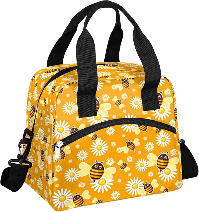 Pardick Yellow Bee Insulated Lunch Bag, Cute Flower Daisy Box with Shoulder Strap, Reusable Large Container for School, Office, Travel, Picnic, Beach, Outdoor Use