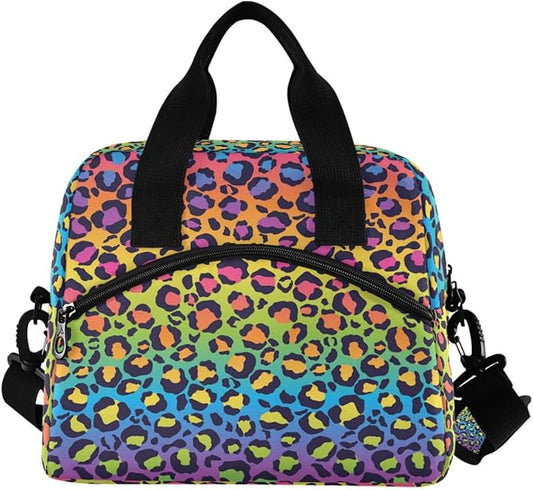 MNSRUU Insulated Lunch Bag - Rainbow Gradient Leopard Lunch Box with Adjustable Shoulder Strap - Reusable, Leakproof Cooler Bag for Work, School