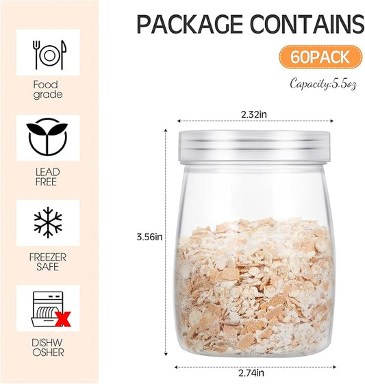 Sabary 60 Packs 5 oz Plastic Wide Mouth Mason Jar with Lids Mini Reusable Storage Containers Bulk for Spice Jam Honey Jelly Dessert Shower Wedding Favors DIY Decor(Clear)