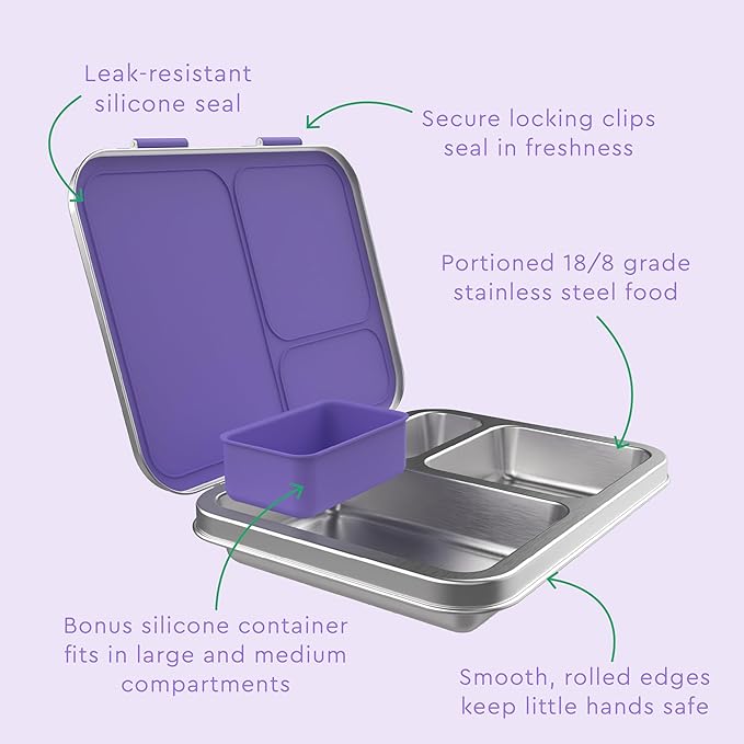 Bentgo Kids Stainless Steel Leak-Resistant Lunch Box - 3-Compartments with Bonus Silicone Container, Durable, Eco-Friendly, Dishwasher Safe, BPA-Free, Ideal for School, Ages 3+ (Purple)