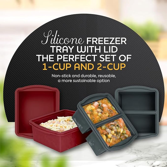 Silicone Freezer Trays with Lids, Set of 4 - with 1cup and 2 cup Silicone Freezer Molds for freezing soups, sauces and individual microwave safe