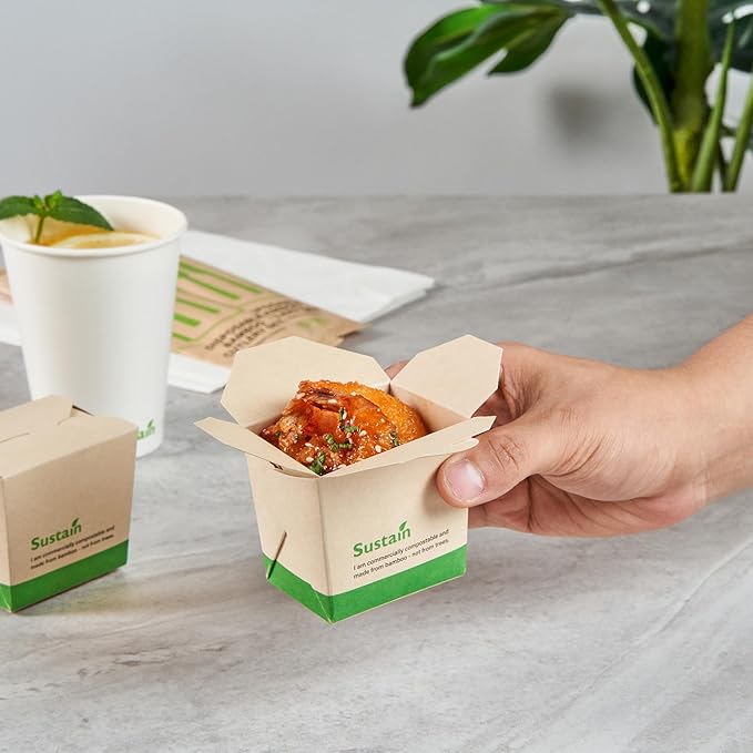 Restaurantware Sustain 8 Ounce Sturdy Paper Take Out Boxes, 200 Disposable Take Out Food Containers - With PLA lining, Compostable, Bamboo Paper Containers, Built-In Tab-Lock Cover, Greaseproof