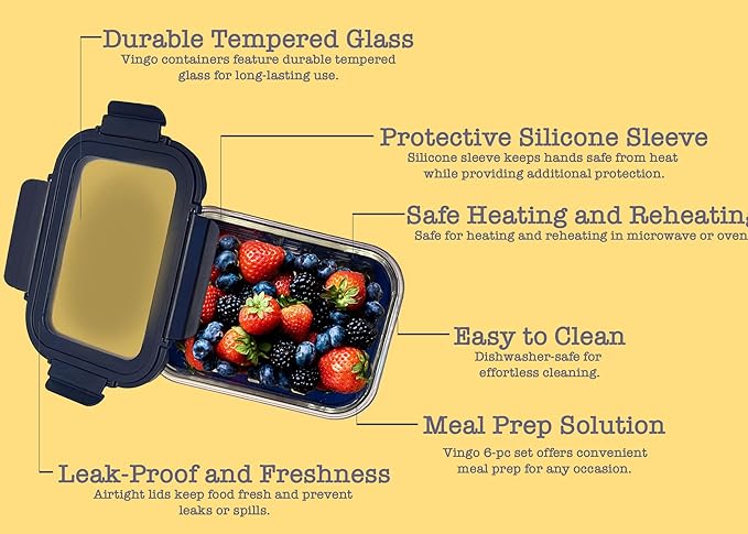 VINGO Glass Food Storage Container with Silicone Sleeve and Leak Proof Airtight Lids, Rectangular shape - 6 Pc Set (3 Containers - 3 Matching Lids) Blue