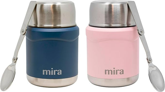 MIRA 2-Pack Food Thermos Set (15 oz) for hot and cold foods - Insulated Stainless Steel Containers with Spoons - Hawaiian Blue & Rose Pink
