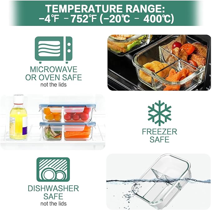 HOMBERKING 8 Pack Glass Meal Prep Containers 3 Compartment, 36oz Glass Food Storage Containers with Lids, Airtight Glass Lunch Bento Boxes, BPA-Free & Leak Proof (8 lids & 8 Containers) - Blue