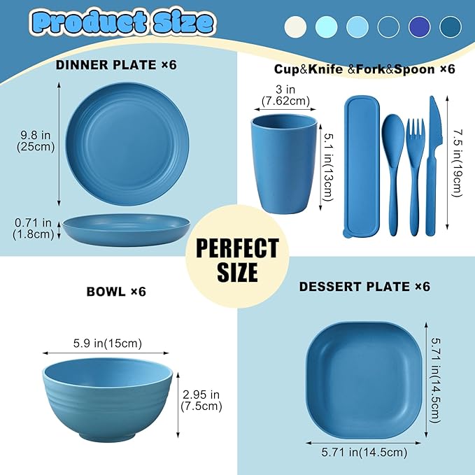 Layhit 48 Pcs Wheat Straw Dinnerware Set for 6 Unbreakable Microwave Safe Utensils Plastic Reusable Plates Bowls Cups Knives Forks Spoons Blue White Cutlery for Dinner Dessert Camping Picnic Travel