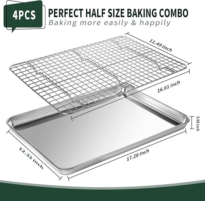 Half Sheet Pans with Rack Set [2 Pans + 2 Racks], CEKEE Stainless Half Size Large Baking Sheets with Rack -18 Inch Baking Tray Set- Rust & Warp Resistant & Heavy Duty Large Cookie Sheet