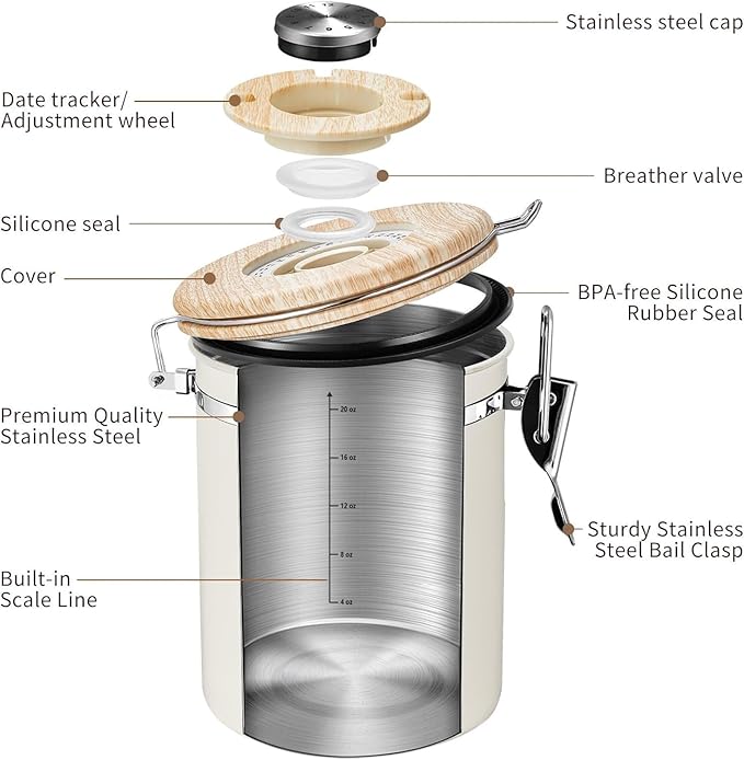 Veken Coffee Canister with Window, Coffee Lover Gift Set,Airtight Stainless Steel Kitchen Food Storage Container Gifts, Date Tracker & Scoop for Grounds Coffee,Beans,Tea,Flour,Cereal,Sugar,22OZ,Cream