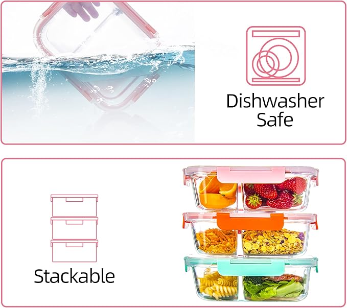 Glass Meal Prep Containers 2 Compartment with Lids (5 Pack, 34oz), Divided Glass Storage Containers for Lunch at Work, Leak-Proof Portion Control Food Containers, Microwave/Dishwasher Safe